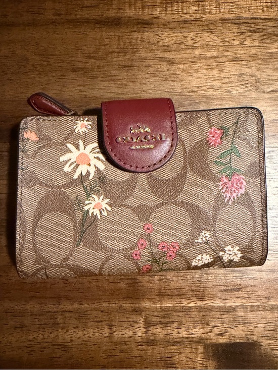 Coach Handbags - Coach Brown Signature Floral Compact Wallet with Pink and Cream Flowers